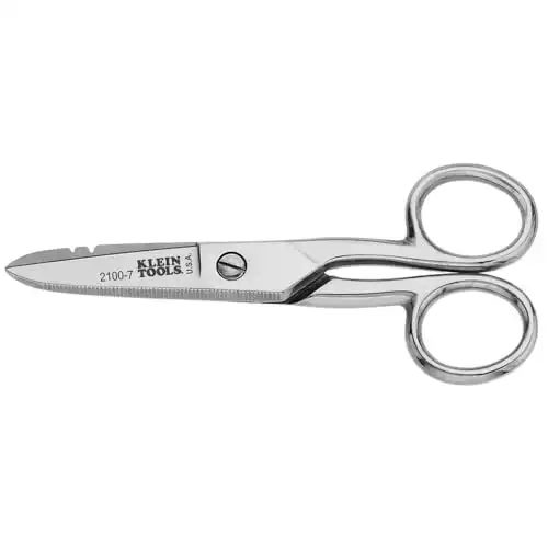 Klein Tools 2100-7 Electrician Scissors, Made in USA, for Home Theater, Datacom, Telecom, Cuts, Crimps, Strips, Nickel Plated